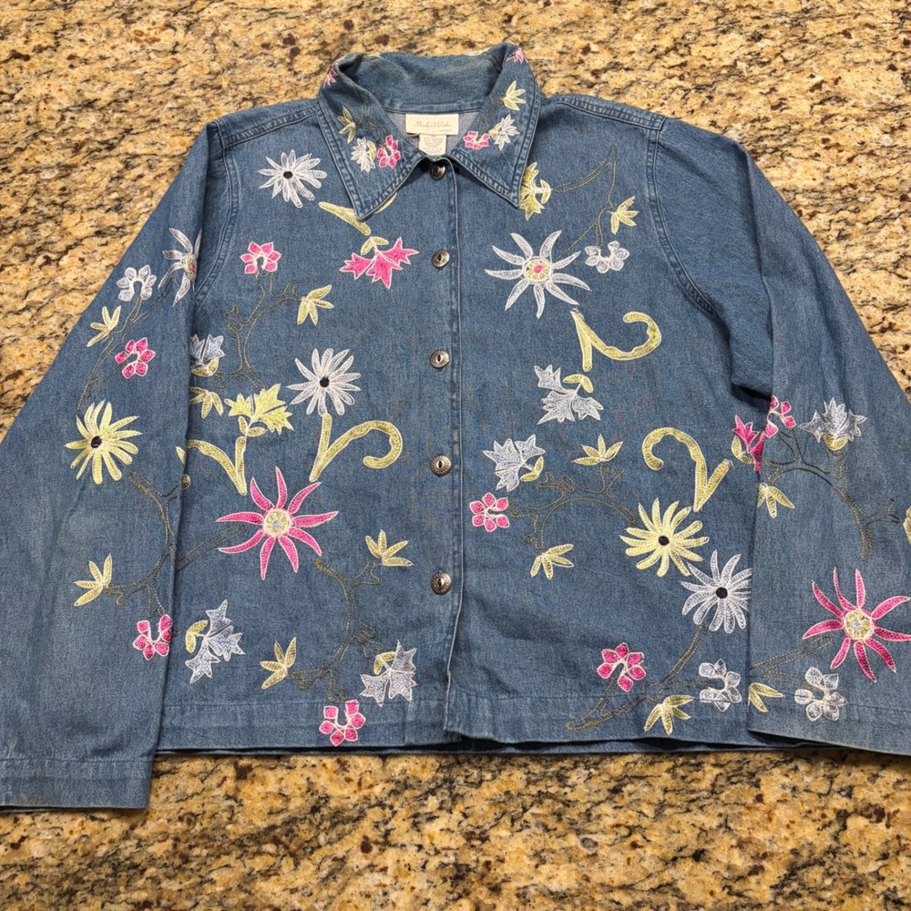 Studio Works Woman Floral Embroidered Denim Jacket Blue Cotton Plus Size 1X